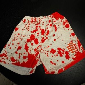 Eric Emanuel White and Red Splatter Athletic Shorts